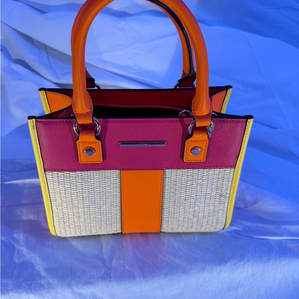Aldo Woman’s Colorblock Handbag, Pink, Orange, Yellow, And Straw Structured Tote